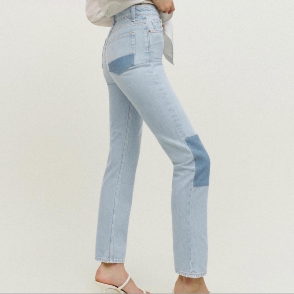 Cynthia Patch High Rise Straight Jeans in Tahoe size 26